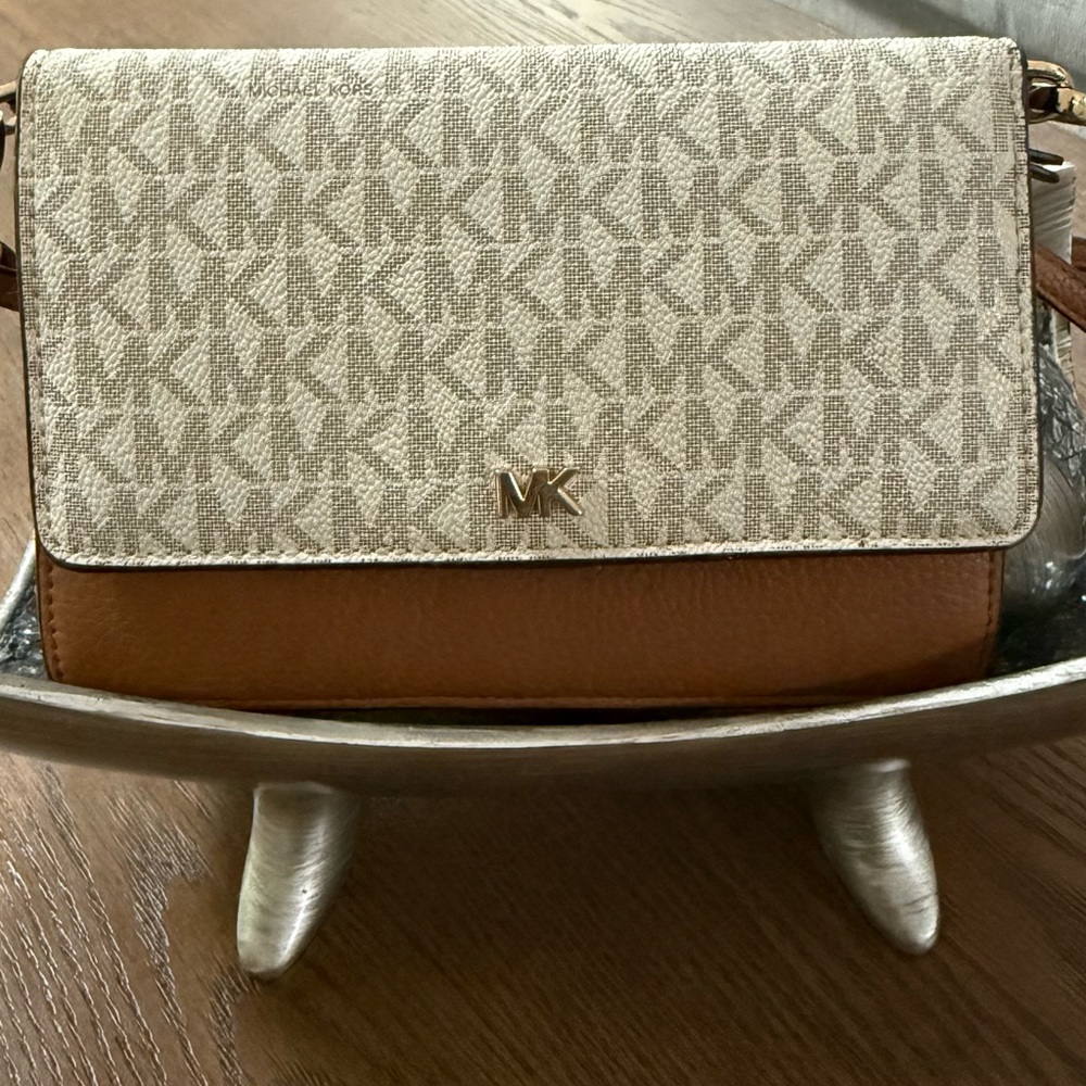 Michael Kors Beige MK Logo and Brown Leather Crossbody